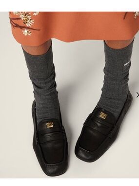 Miu Miu Black nappa Leather Ruches Loafers with gold logo size 39 with box